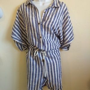 Romper jumpsuit nautical blue stripe linen blend